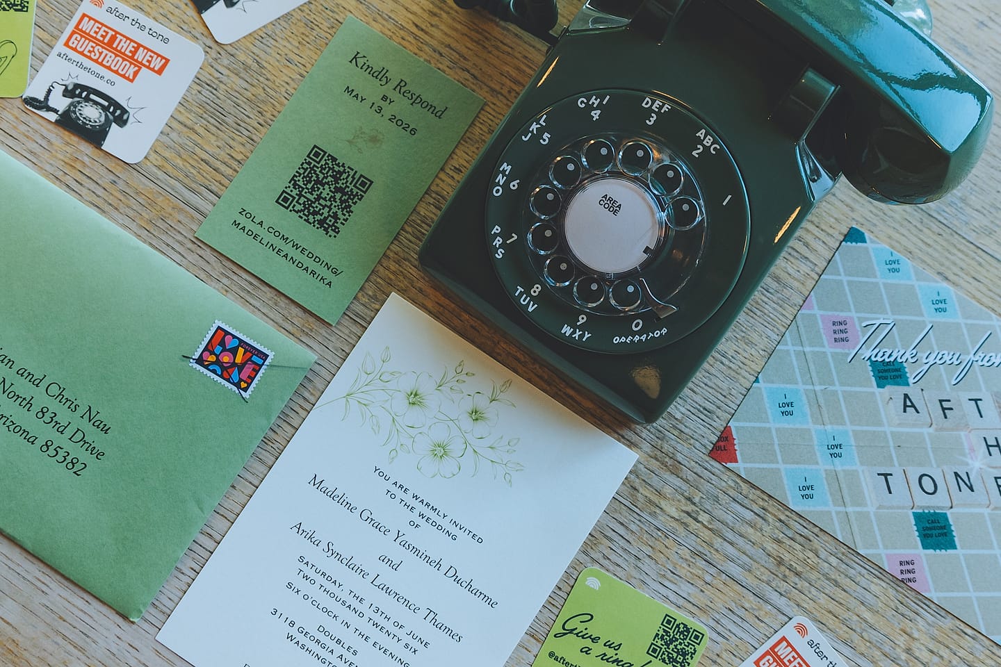 Wedding stationery flat lay with a vintage rotary phone for a Washington DC wedding