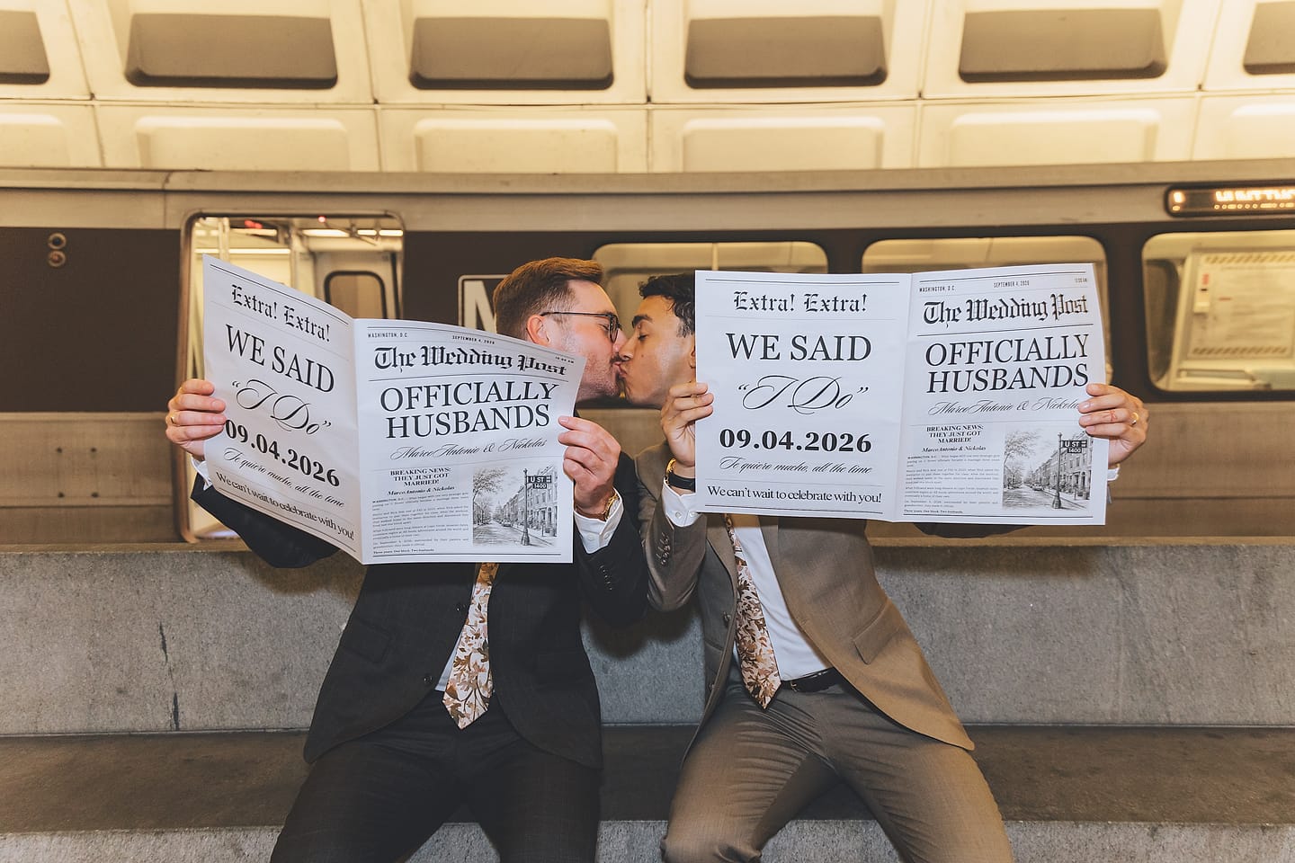 Marco and Nick kiss behind their custom wedding newspapers on the steps of a Washington, D.C. Metro station